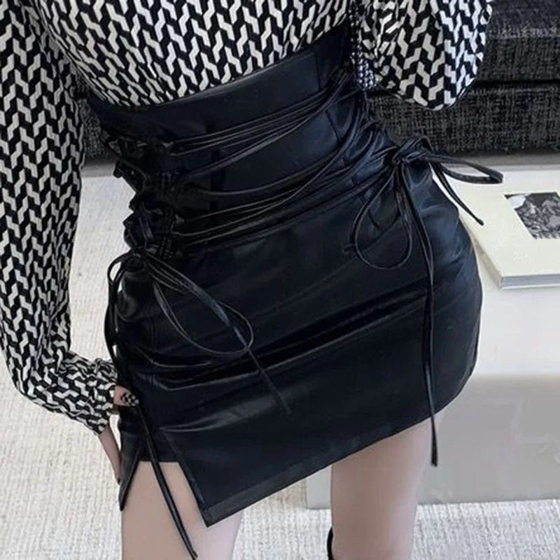 qgtao Black Leather Mini Skirts Women Gothic High Waist Slim Fit Lace-Up Pencil Skirt Female Sexy Club Back Zipper Split Bag Hip Skirt