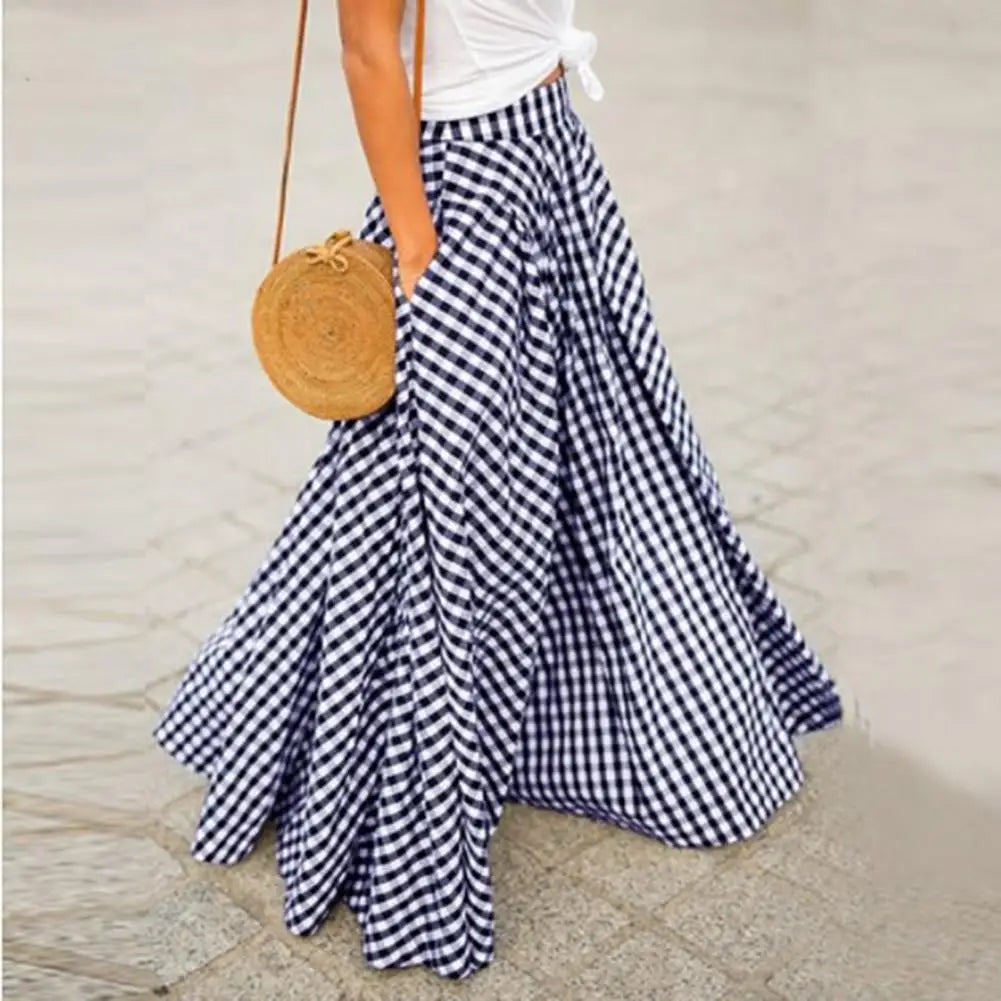 Vintage Bohemian Women High Waist Summer Long Skirt Plaid Pockets Casual A-Line Maxi Skirts Elegant Beach Skirt Long Skirt