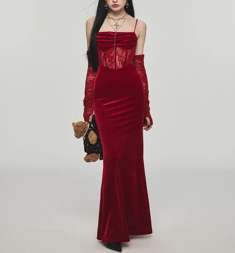 qgtao Sexy Bodycon Maxi Dress Women  Evening Party Prom Robe Wedding Vestidos Mujer Velvet Lace Patchwork Spaghetti Strap Slim Mermaid