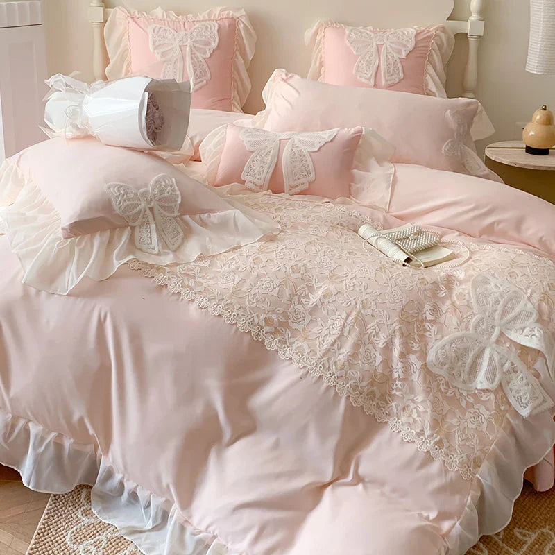 Yeknu Korean Princess Bedding Set Lace Bow Beauty Solid Color Lace Ruffle Quilt Cover Luxury Girls Wedding Home Textiles Duver Cover