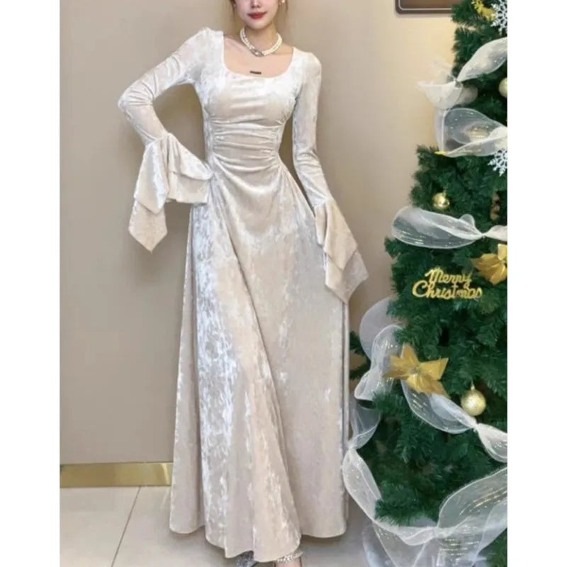 qgtao Y2K Velvet Long Dresses for Women Flare Sleeve Square Collar Slim Waist A-line Autumn Winter Evening Party Prom Robe Vestidos
