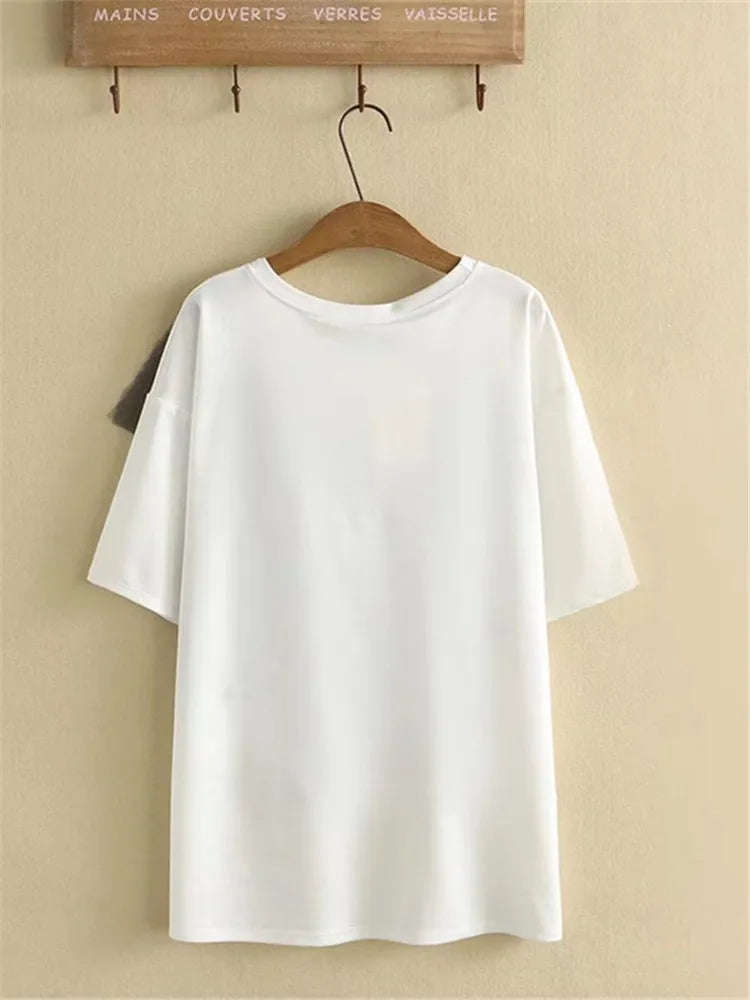 qgtao Plus Size Clothes For Women In Summer Short Sleeve Cotton T-Shirt Large Bow Decoration In Mesh Fabric Large Size Cotton Tops