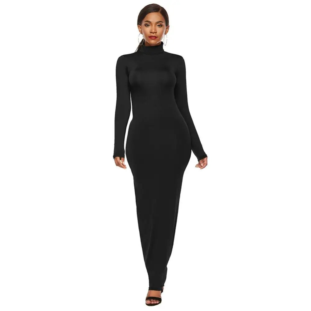 qgtao聽Women Long Dresses Plus Size Party Solid Color Women Long Sleeve Turtleneck Bodycon Dress Maxi Vestidos S-5XL