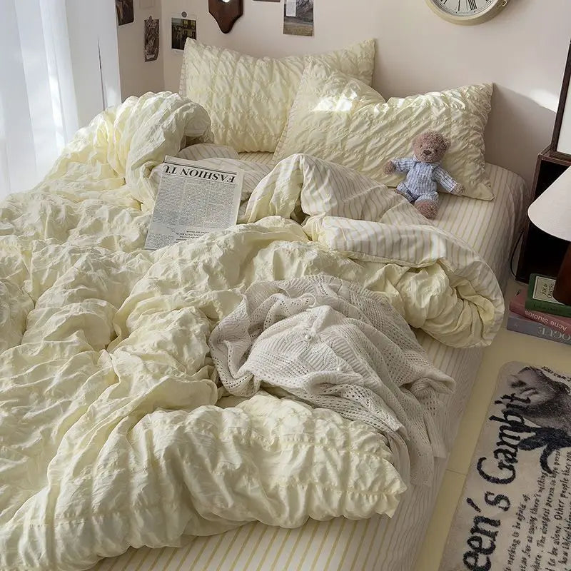 Yeknu Seersucker Princess Girls Bedding Set Duvet Cover Korean Four PIECE Washed Cotton Bed Sheet Cover Quilt Set