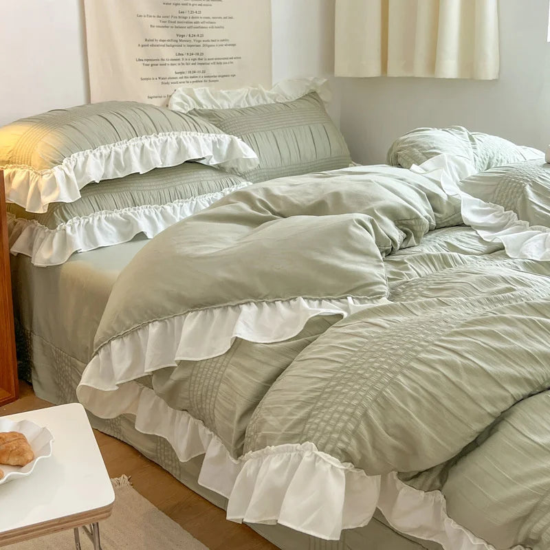 Yeknu Ins Style Korean Lace Seersucker Washed Cotton 4-piece Bed Sheet Quilt Cover Solid Color Duvet Cover For Girl Spring Decor Home
