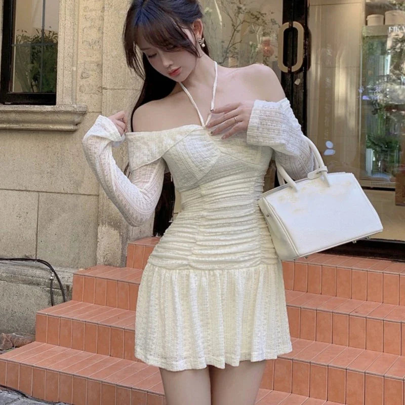 qgtao Autumn Elegant Y2K Short Dresses for Women Slash Neck Flare Sleeve Lace-up Halter A-line Slim Waist Korean Fashion Mini Vestidos