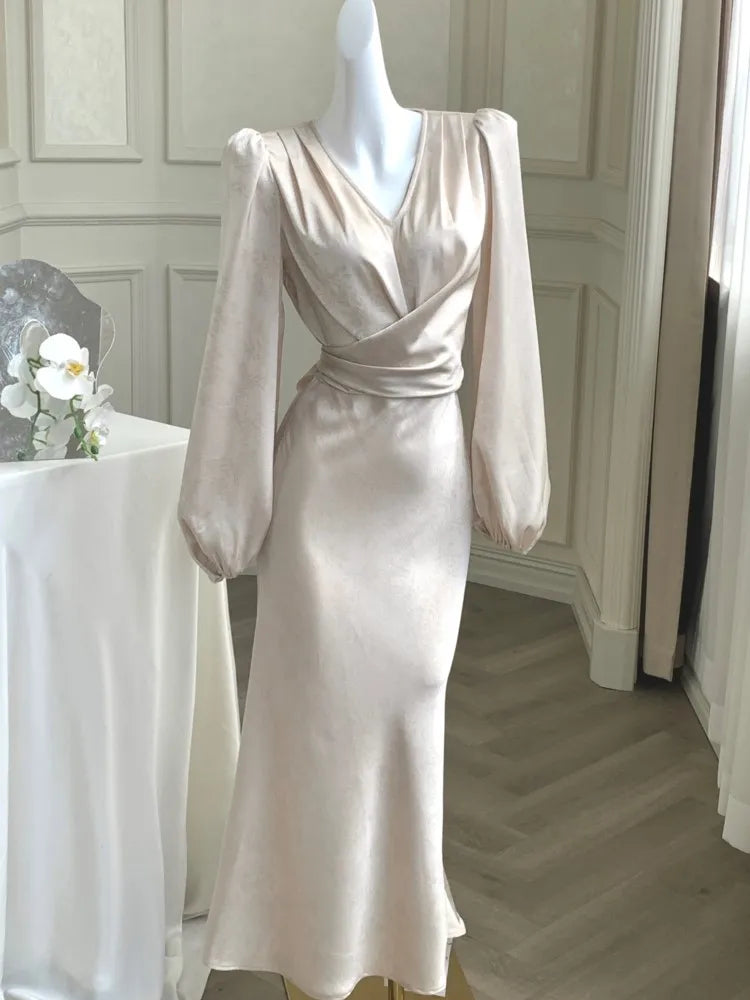 qgtao Elegant Satin Midi Dresses for Women Lantern Sleeve V-neck Lace-up Bodycon Mermaid Evening Party Dress Prom Robe Autumn Vestidos