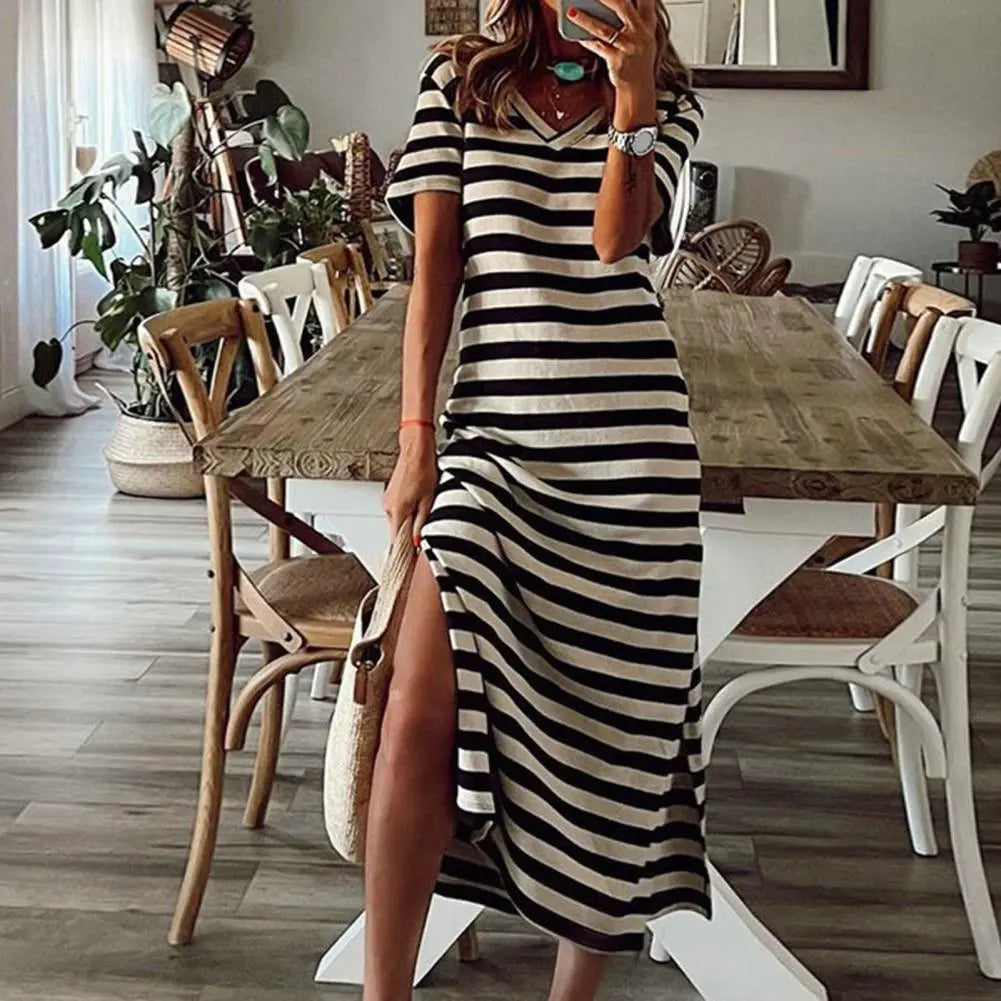 qgtao Summer Dresses 2024 Woman Plus Size Dresses For Women Casual Stripe Print V-neck Short Sleeve Loose Long Dress Robe Femme