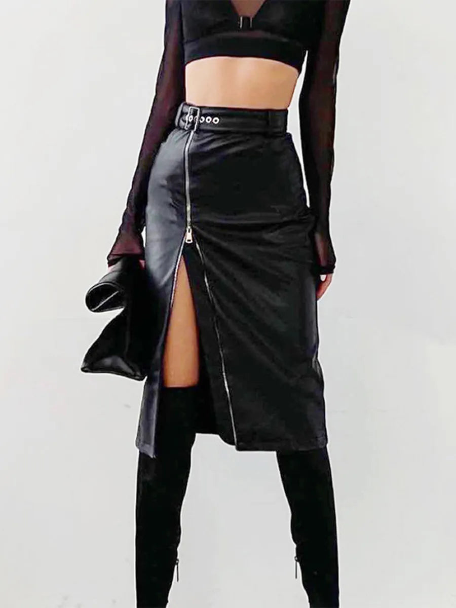 qgtao 2024 Autumn Winter Black Pencil Skirts Women Pu Leather Sexy High Waist Split With Belt Midi Skirt Bodycon Party