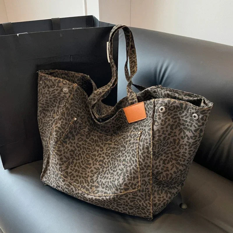 qgtao Oversized Leopard Prints Shoulder Bags for Women Deformable Canvas Large Capacity Shopping Totes 2024 Winter New Luxury Handbags