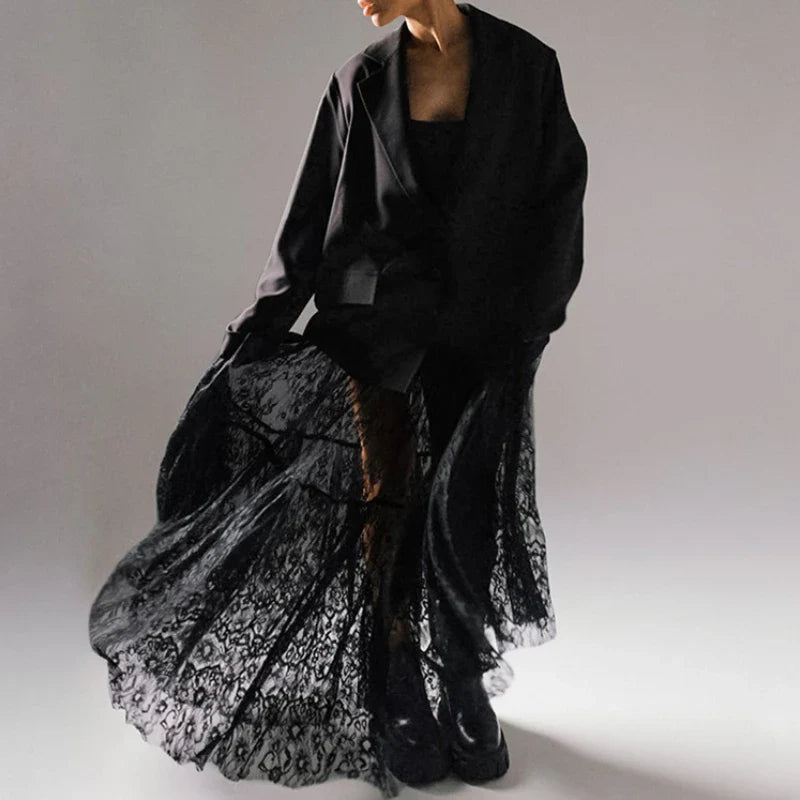 HOUZHOU Black Long Lace Skirt Women Summer Sexy High Waist A-line Casual Transparent Midi Skirt Party Evening Dress Female
