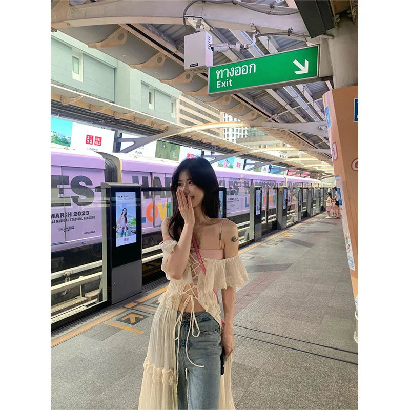 qgtao Sweet Ruffles Dress Women Y2K Slash Neck Bandage Robe Vintage Streetwear Hollow Out Dresses Korean Tunic Maxi Vestidos New