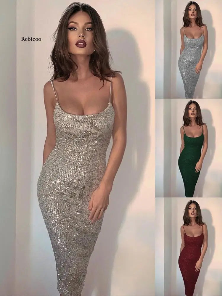 qgtao New Fashion Sequined Spaghetti Strap Sexy Backless Bodycon Midi Dress For Women Evening Party Vestidos