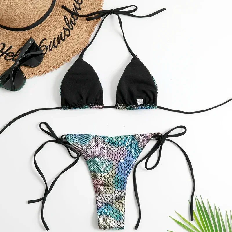qgtao Fish Scales Shiny Halter Triangle Bikinis Set Swimwear Women Micro Thong Swimsuits Swimming Suit Biquinis Bikinis Mujer Swim
