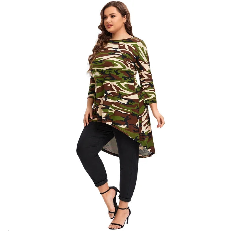 qgtao Plus Size Long Sleeve Camouflage Tunic Tops Long Loose Elegant Autumn Hi Low Swing Blouse T-shirt Plus Size Clothing Women 6XL