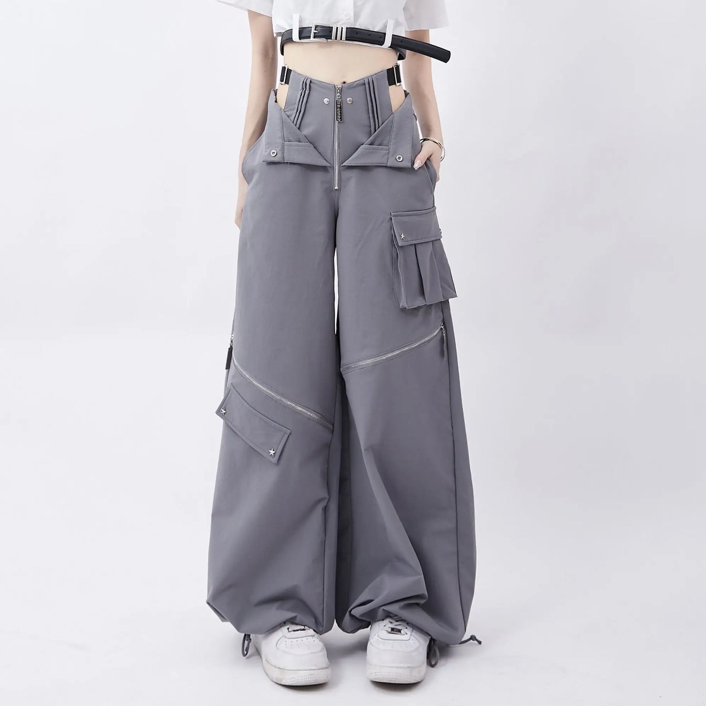 QWEEK Streetwear Cargo Pants Women Y2k Baggy Techwear Wide Leg Trousers Sexy High Waisted Hollow Out Gray Black Pantalones Mujer