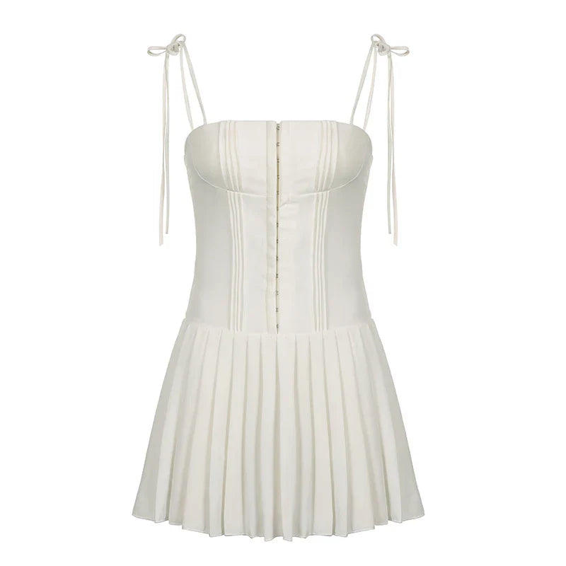 qgtao Party Holiday A-line Pleated Sleeveless Corset Dress White Buckle Up Lace-up Straps Chic Mini Dresses High Streetwear