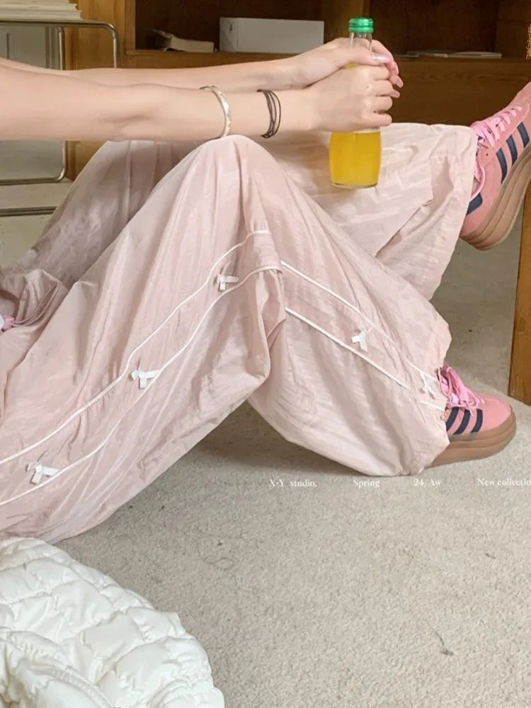 qgtao - Pink Sweet Y2k Parachute Pants Women Korean Style Coquette Baggy Joggers Bow Harajuku Kawaii Cute Wide Trousers Casual