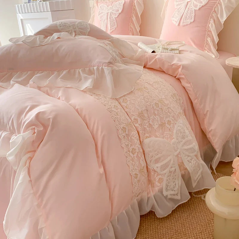 Yeknu Korean Princess Bedding Set Lace Bow Beauty Solid Color Lace Ruffle Quilt Cover Luxury Girls Wedding Home Textiles Duver Cover