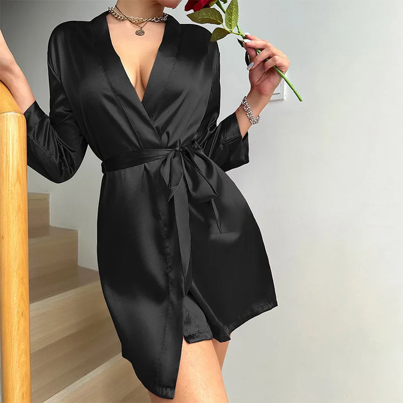 qgtao Womens V-Neck Sexy Silk Robe With Belt Short Satin Kimono Robe Sleepwear Bathrobe Bridesmaid Party Dressing Gown 2024 plus