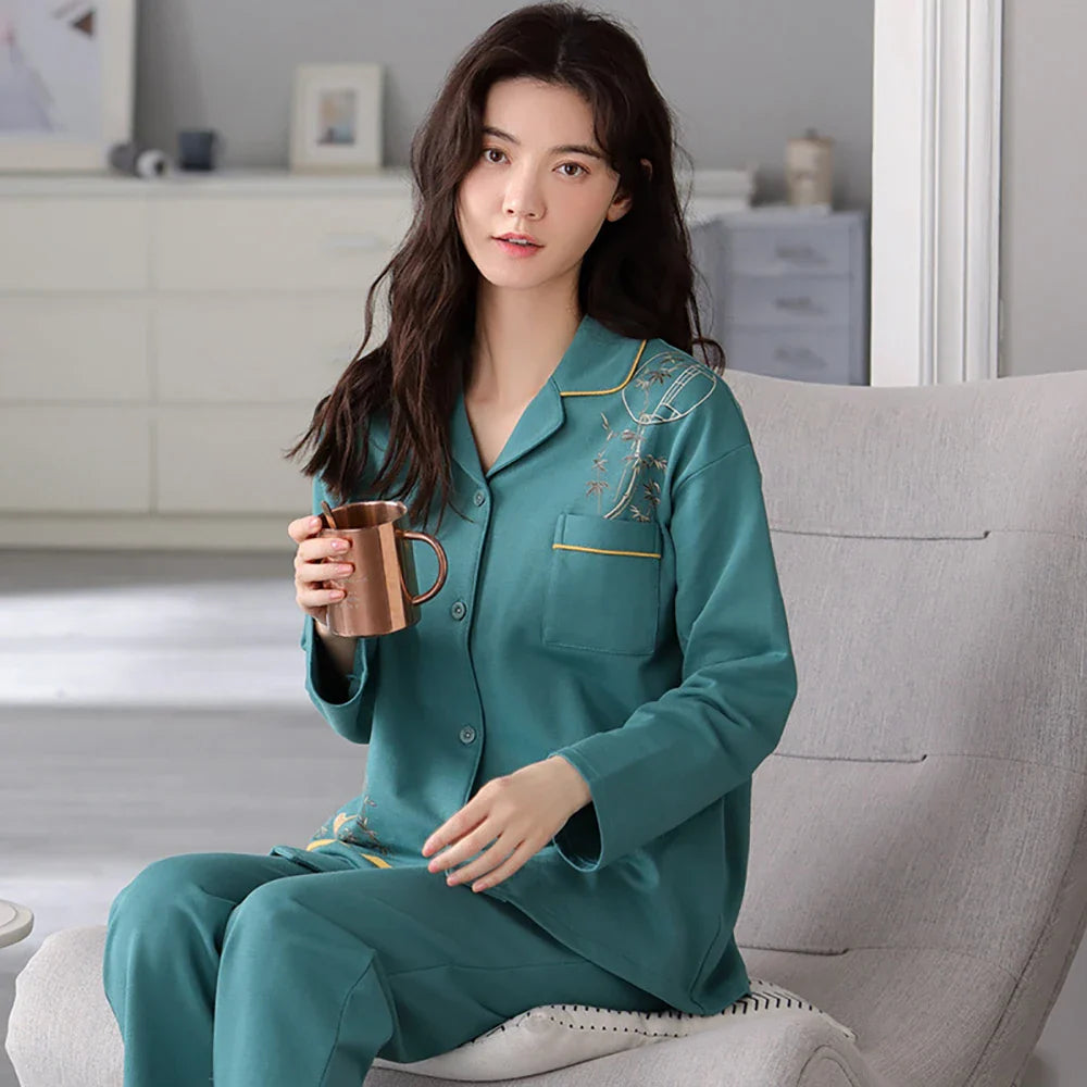 qgtao M-3XL 100% Cotton Elastic Waist Trousers Sets Spring Autumn Print Sleepwear Women's Big Size Pajama Breathable Soft Pijama Mujer