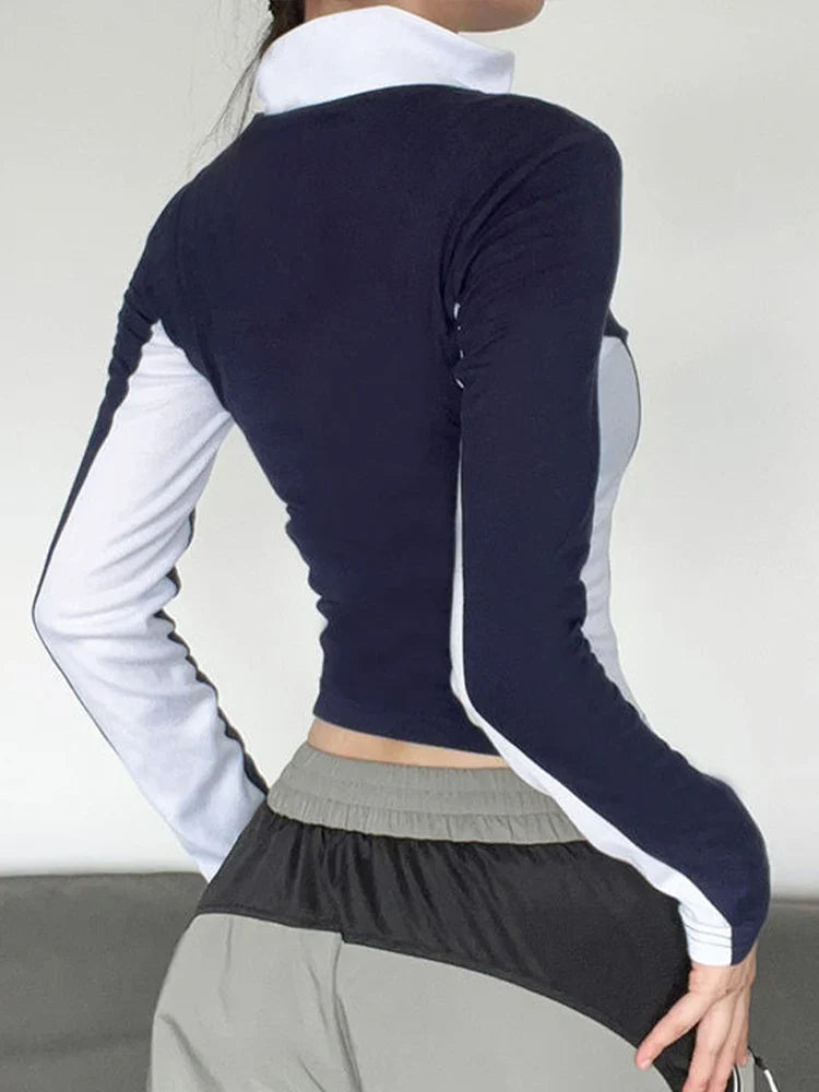 qgtao Y2K T-Shirt Women Long Sleeve Letter Print T-Shirt Stitching High Street Tee Jacket Ladies Zipper Slim Aesthetic Clothes