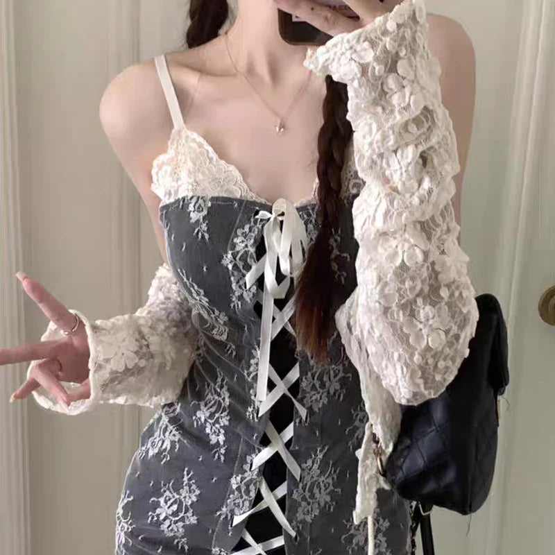 qgtao Sexy Lace Bandage Mini Dress Elegant Chic Vintage Coquette Gothic Slim Dresses Y2k Streetwear Lace-up Corset Party Dress