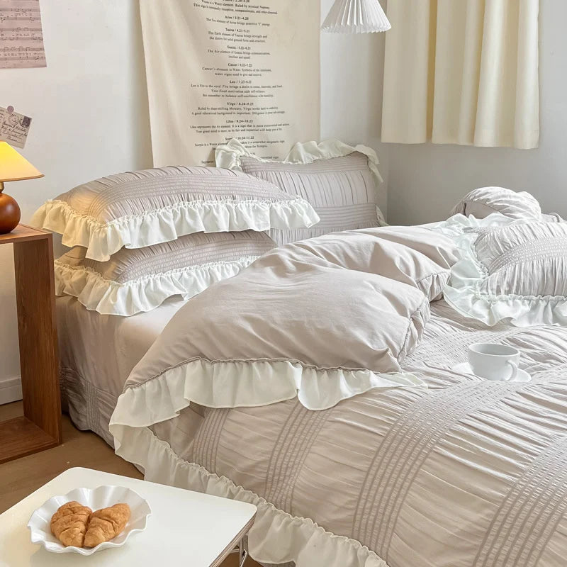 Yeknu Ins Style Korean Lace Seersucker Washed Cotton 4-piece Bed Sheet Quilt Cover Solid Color Duvet Cover For Girl Spring Decor Home