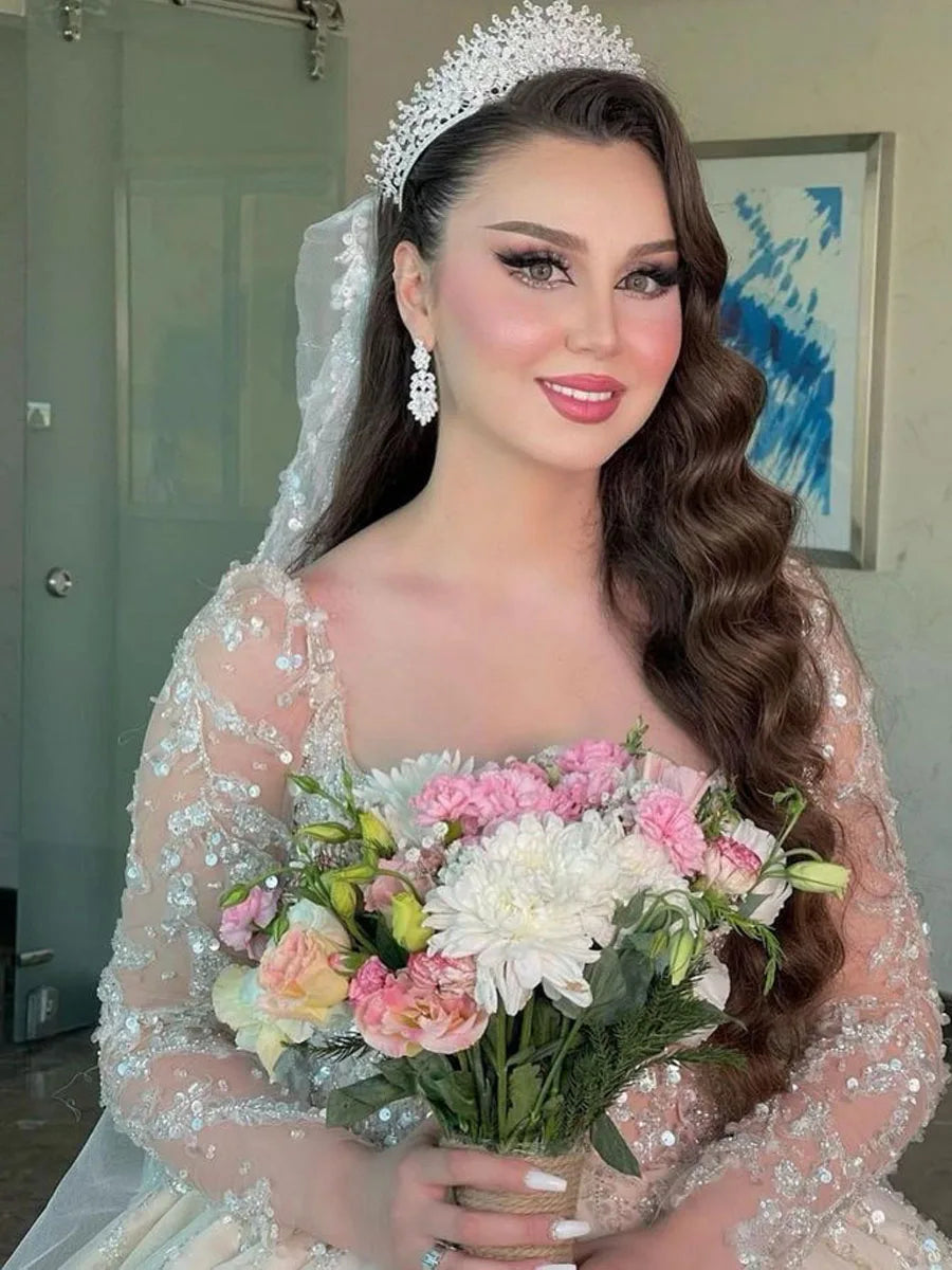 qgtao Luxury Long Sleeve Dubai Wedding Dress Ball Gown Plus Size Sequined Beading Illusion Saudi Arabic Sweetheart Bridal Gown