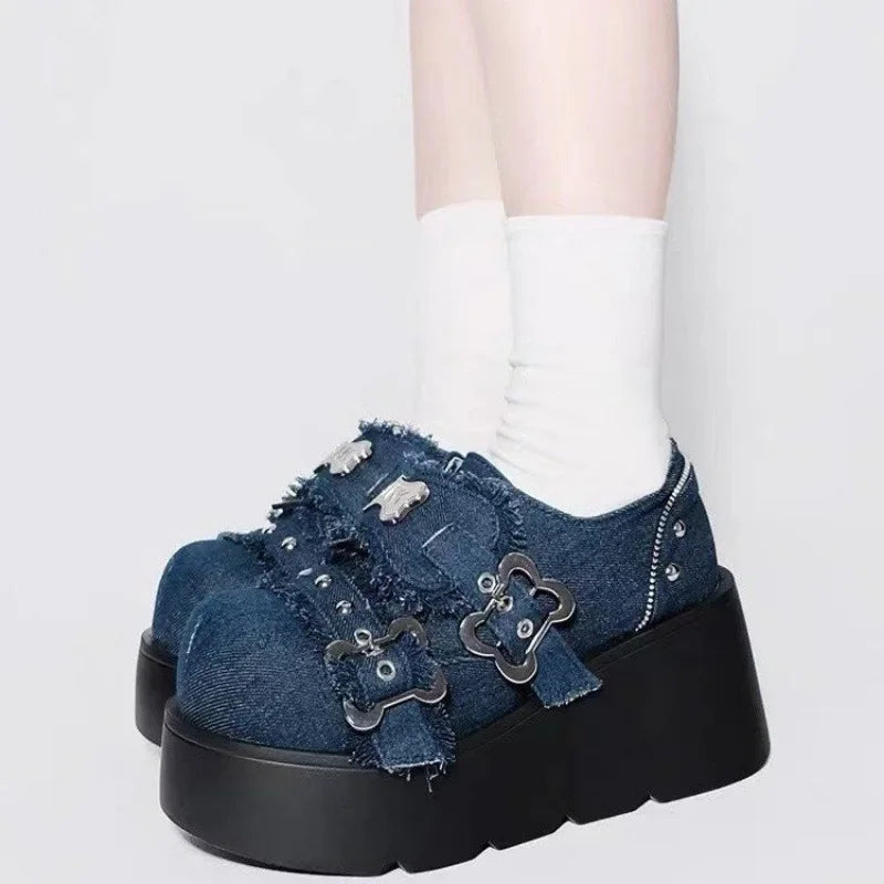 qgtao Punk Metal Chain Chunky Platform Ankle Boots Women 2024 Winter Y2K Thick Bottom Denim Boots Woman Black Gothic Lolita Shoes
