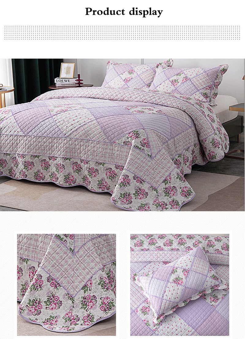 Yeknu Single Double Bed 100%Cotton Purple 3pcs Printed Quilted Quilt Pillowcase Free Shipping len?ol de cama casal ?????