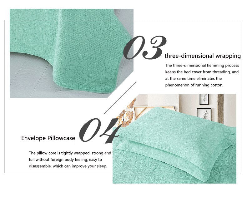 Yeknu Double Bed 100% Cotton Pure Green 3pcs Printed Quilted Quilt Pillowcase Free Shipping