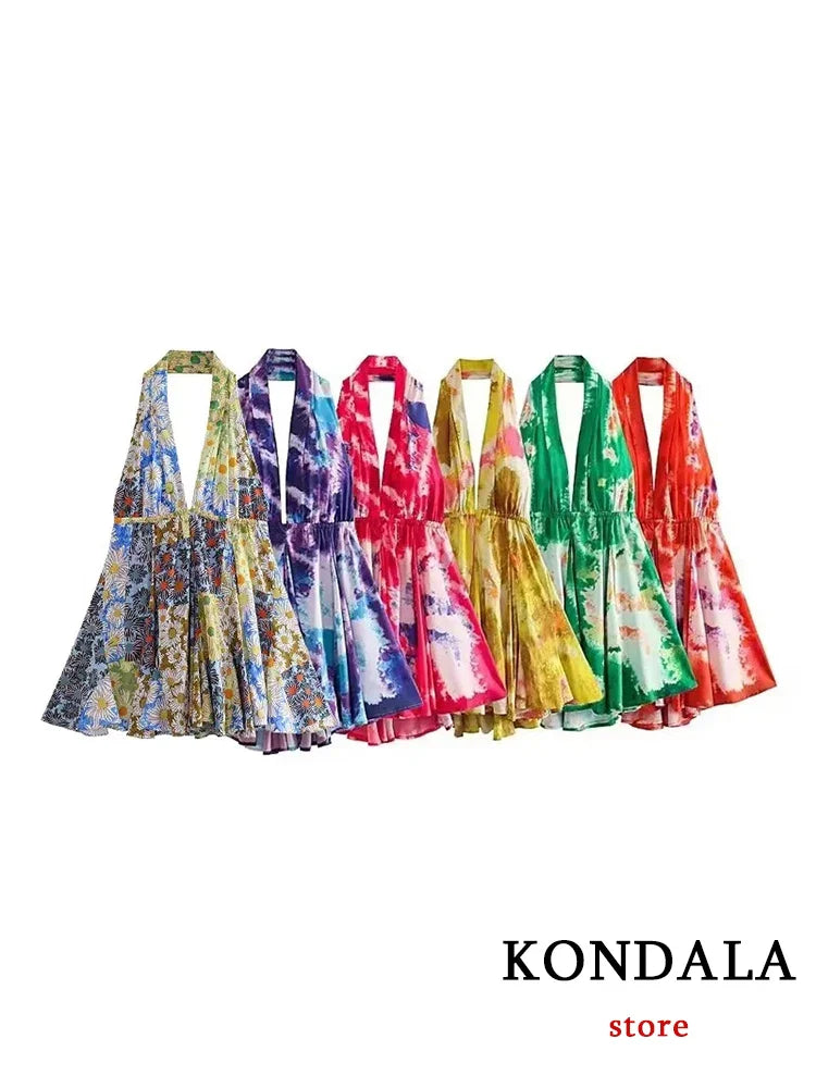 qgtao Boho Flower Print Halter Mini Dress Women Fashion 2023 Beach V Neck Sexy Backless Dress Holiday Party Dress