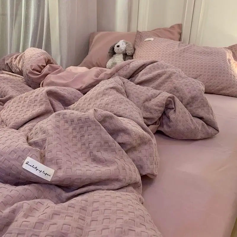 Yeknu Bedding Set Luxury High Grade Light  Washable Cotton Waffle Four Piece  Olive Green Quilt Cover Bed Sheet Dormitory Three Piece