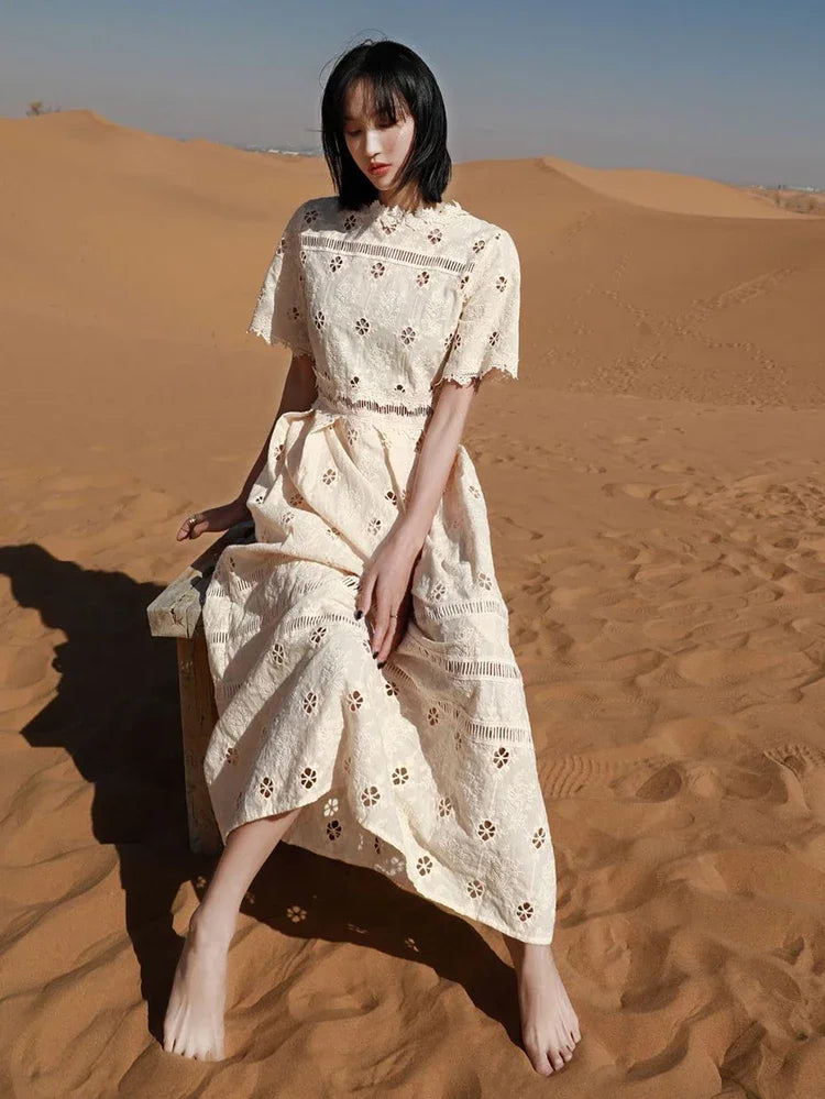 qgtao Boho Elegant Chic Maxi Dress Hollow Out Casual Summer Women Dresses Sheer Sexy Holiday Casual Ladies Dress Vestidos