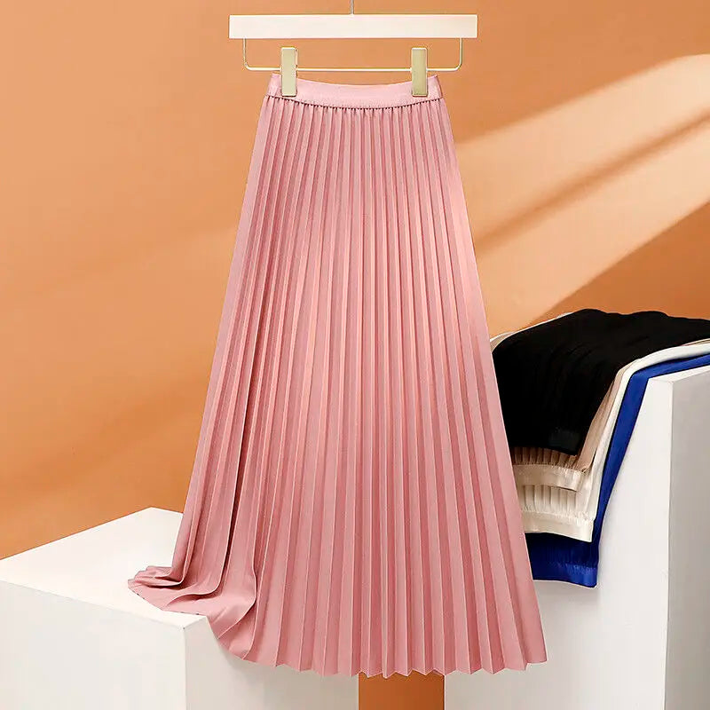 qgtao Elegant Long Pleated Skirt Women Spring Autumn Solid Elastic Waist A-line Slim Luxury Midi Skirt Vintage Female
