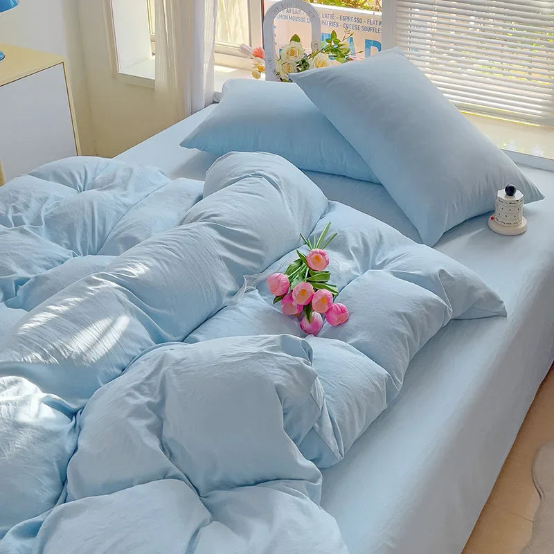 Yeknu Girls Blue Duvet Cover Set Twin Full Queen Size Soft Flat Sheet Pillowcase Bed Linen Princess Style Solid Color INS Bedding
