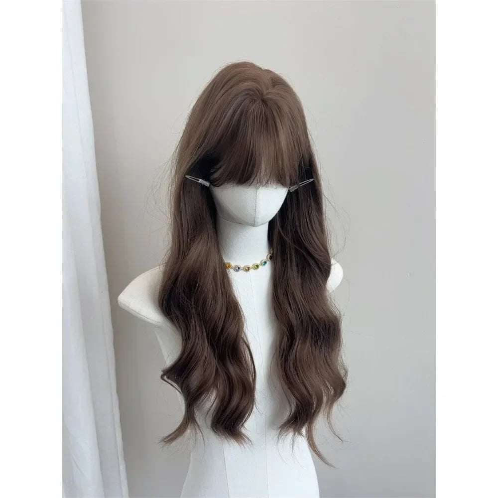 qgtao - Wig for Women Brown Long Wavy Wigs with Bangs Wool Curls Long Hair Big Waves Headband Wig Heat-resistant