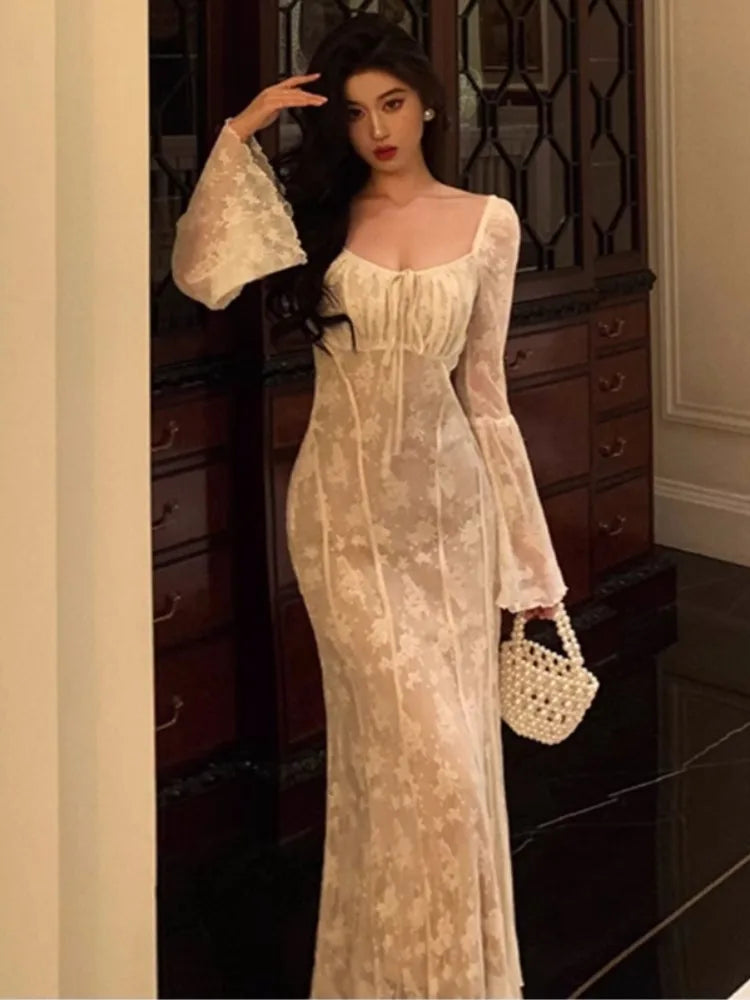 qgtao Autumn Elegant Flare Sleeve Bodycon Midi Dresses for Women New Slim Mermaid Wedding Runway Party Lace Vestidos Vintage Clothing