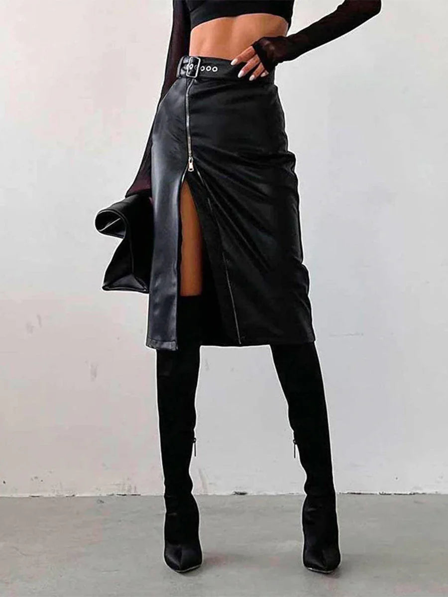 qgtao 2024 Autumn Winter Black Pencil Skirts Women Pu Leather Sexy High Waist Split With Belt Midi Skirt Bodycon Party