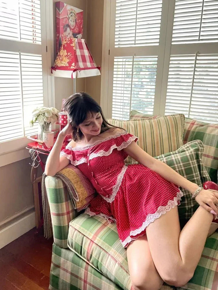 qgtao -2024 Women's French vintage single-breasted lace ruffle one-shoulder dress. summer. new style. Chic mini skirt.