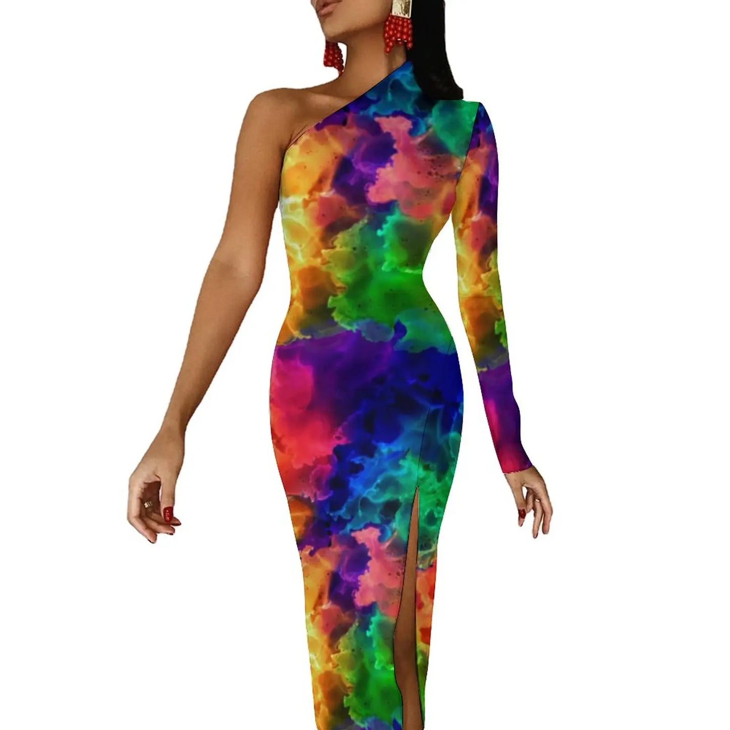 Neon Paint Long Dress Women Graffiti Splatter Print Party Maxi Dress Summer Long Sleeve Sexy Bodycon Dresses Side Split Clothes