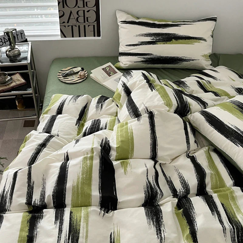 Yeknu Ins Stripe Bedding Set Green Black Duvet Cover with Pillowcase Simple Quilt Cover Adults Single Double Full Size