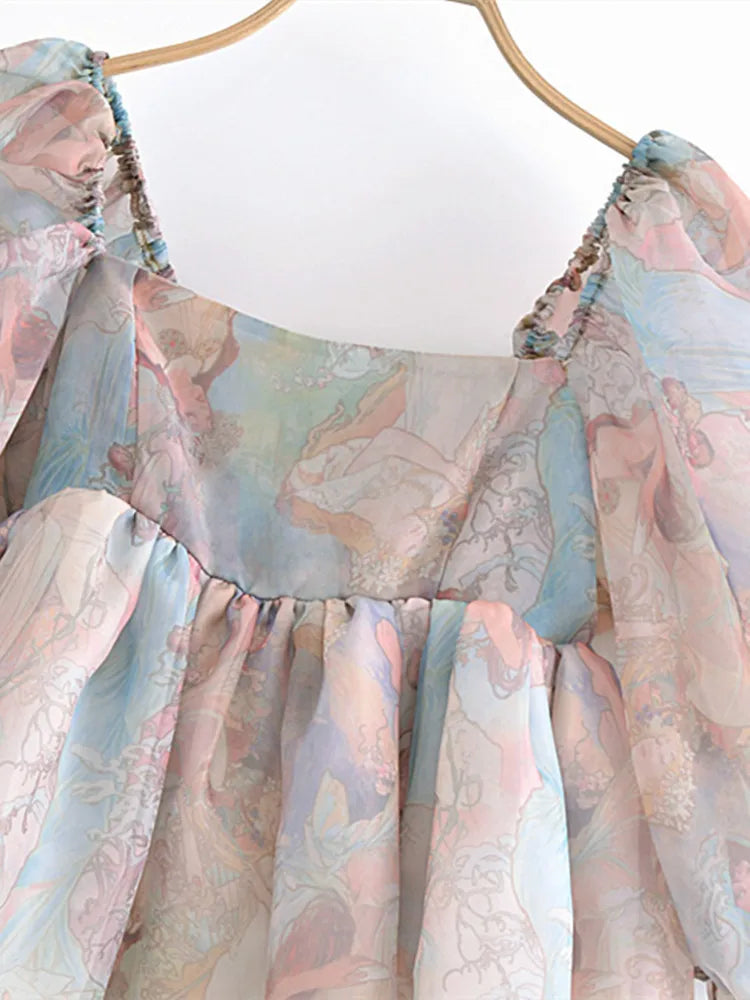 qgtao 2024 Princess Vintage Tie dye Beauty Girl Print Organza Ball Gown Dress Puff Sleeve Women Swing Mini Dresses Fairy Robe Vestidos