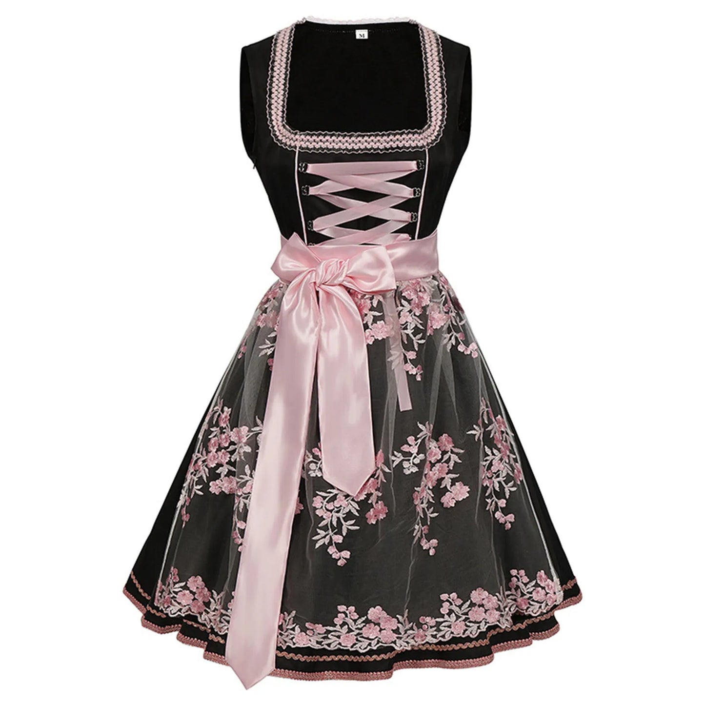 qgtao - Women Oktoberfest Dress With Floral Sheer Apron Lace-Up Dirndl Dresses Festival Traditional Bavarian Beer Costumes Clothes