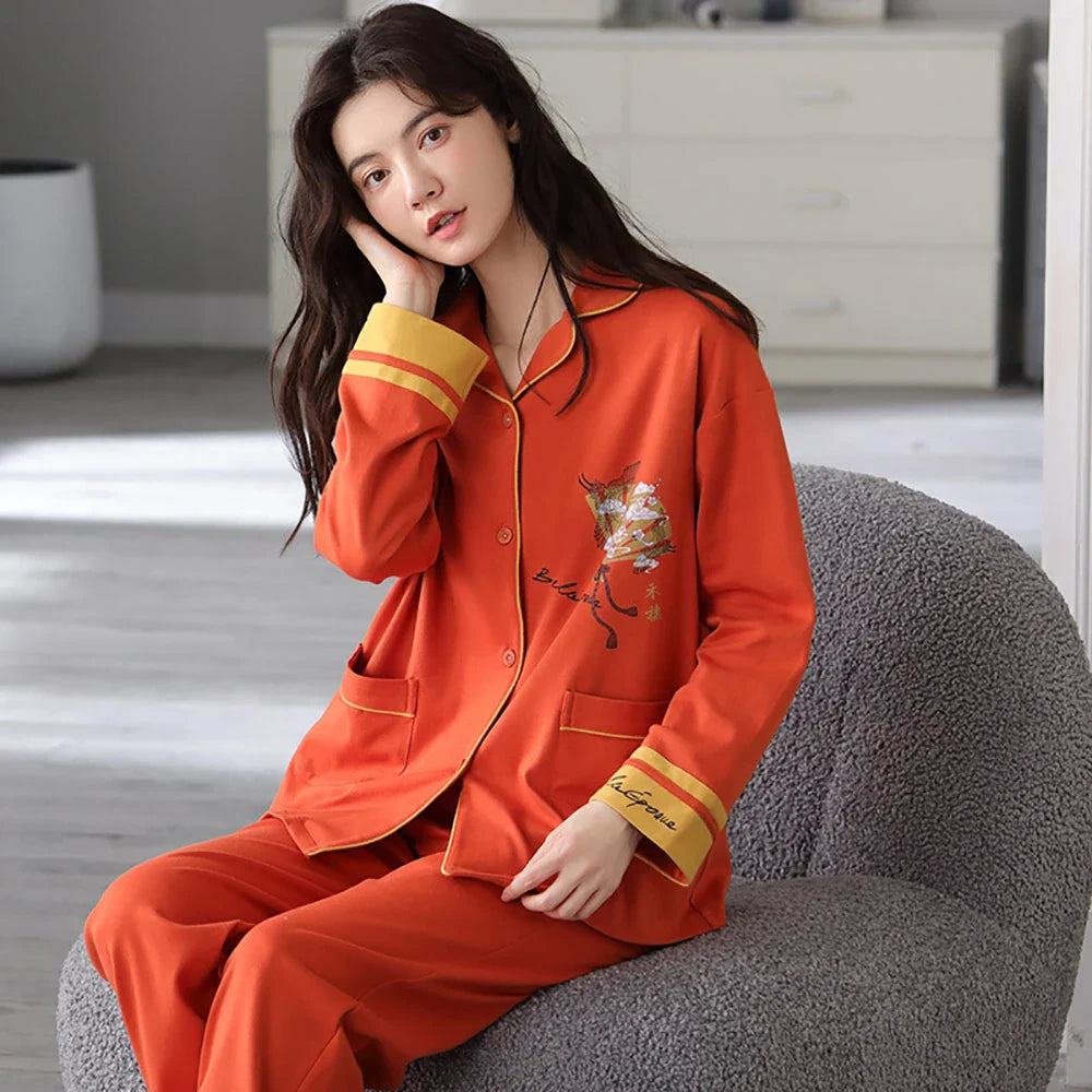 qgtao M-3XL 100% Cotton Elastic Waist Trousers Sets Spring Autumn Print Sleepwear Women's Big Size Pajama Breathable Soft Pijama Mujer
