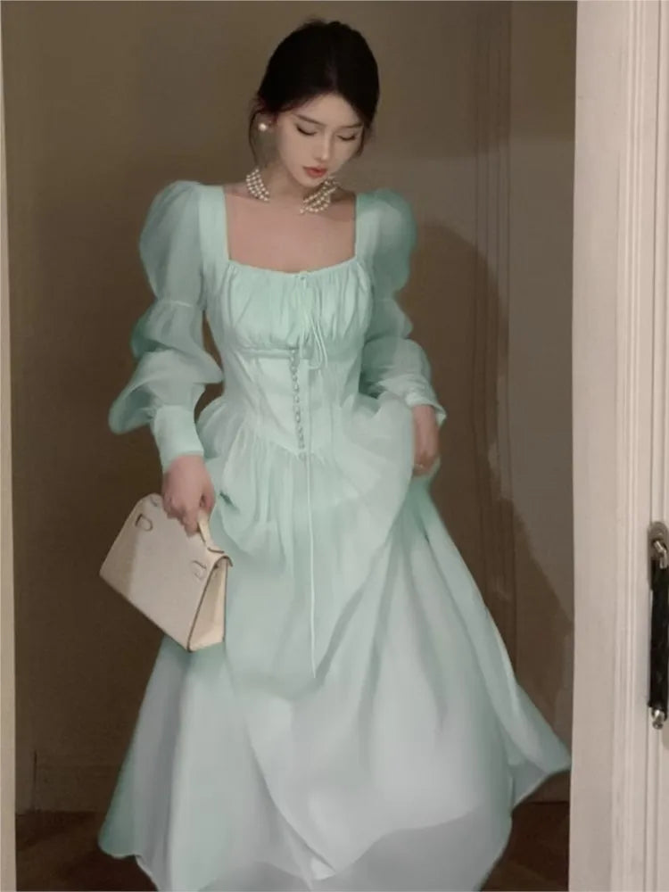 qgtao Autumn New Princess Midi Dresses for Women Square Collar Slim Waist Puff Sleeve Vintage Chic Female Clothing One Piece Vestido