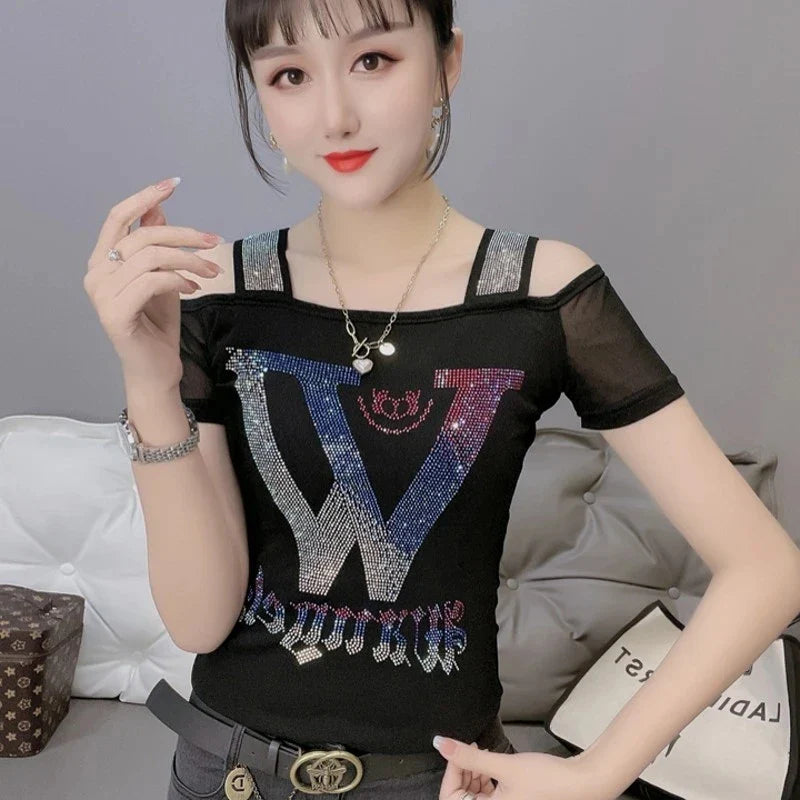 Runway Fashion European Women's Clothes Sexy Off Shoulder Letter Shiny Diamonds T-Shirts Luxury Brand Mesh Tees Tops Blouse
