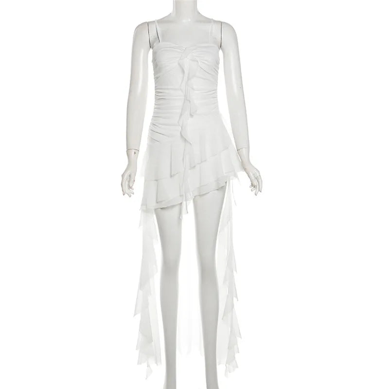 qgtao Y2k Sexy Mesh Ruffle Irregular High Low Dress White Black Sleeveless Long Dresses Summer Y2K Clothes Women 2024