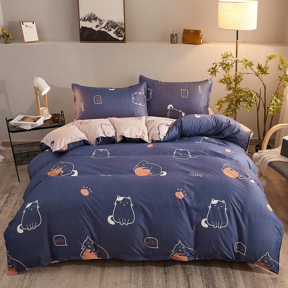 Yeknu Cartoon Pattern 4-Piece Flat Sheet Quilt Cover Pillow Case Family Bed Sheet Children's Bedding Set 4-Piece Set